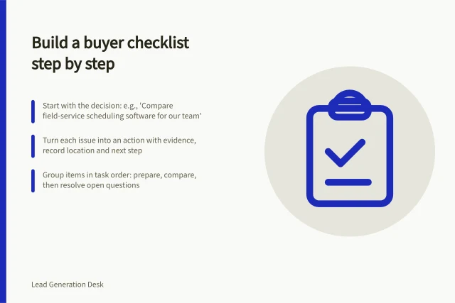 Build a buyer checklist step by step: Start with the decision: e.g., 'Compare field-service scheduling software for our team'; Turn each issue into an action with evidence, record location and next step; Group items in task order: prepare, compare, then resolve open questions. Building a practical checklist from a buyer's task