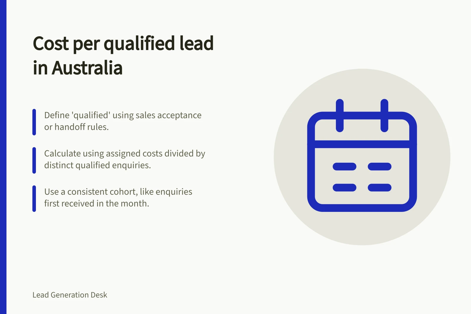 Cost per qualified lead in Australia: Define 'qualified' using sales acceptance or handoff rules.; Calculate using assigned costs divided by distinct qualified enquiries.; Use a consistent cohort, like enquiries first received in the month.