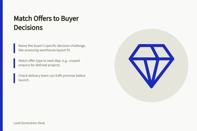 Match Offers to Buyer Decisions: Name the buyer’s specific decision challenge, like assessing warehouse layout fit.; Match offer type to next step: e.g., scoped enquiry for defined projects.; Check delivery team can fulfil promise before launch. Choosing a lead generation offer from a buyer's problem