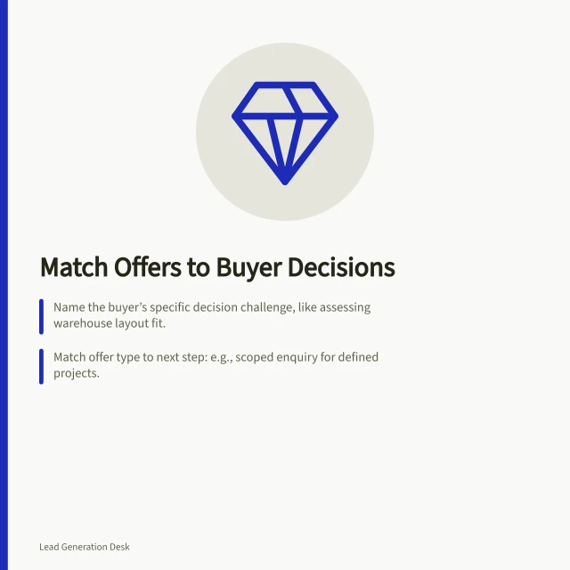 Match Offers to Buyer Decisions: Name the buyer’s specific decision challenge, like assessing warehouse layout fit.; Match offer type to next step: e.g., scoped enquiry for defined projects.; Check delivery team can fulfil promise before launch. Choosing a lead generation offer from a buyer's problem
