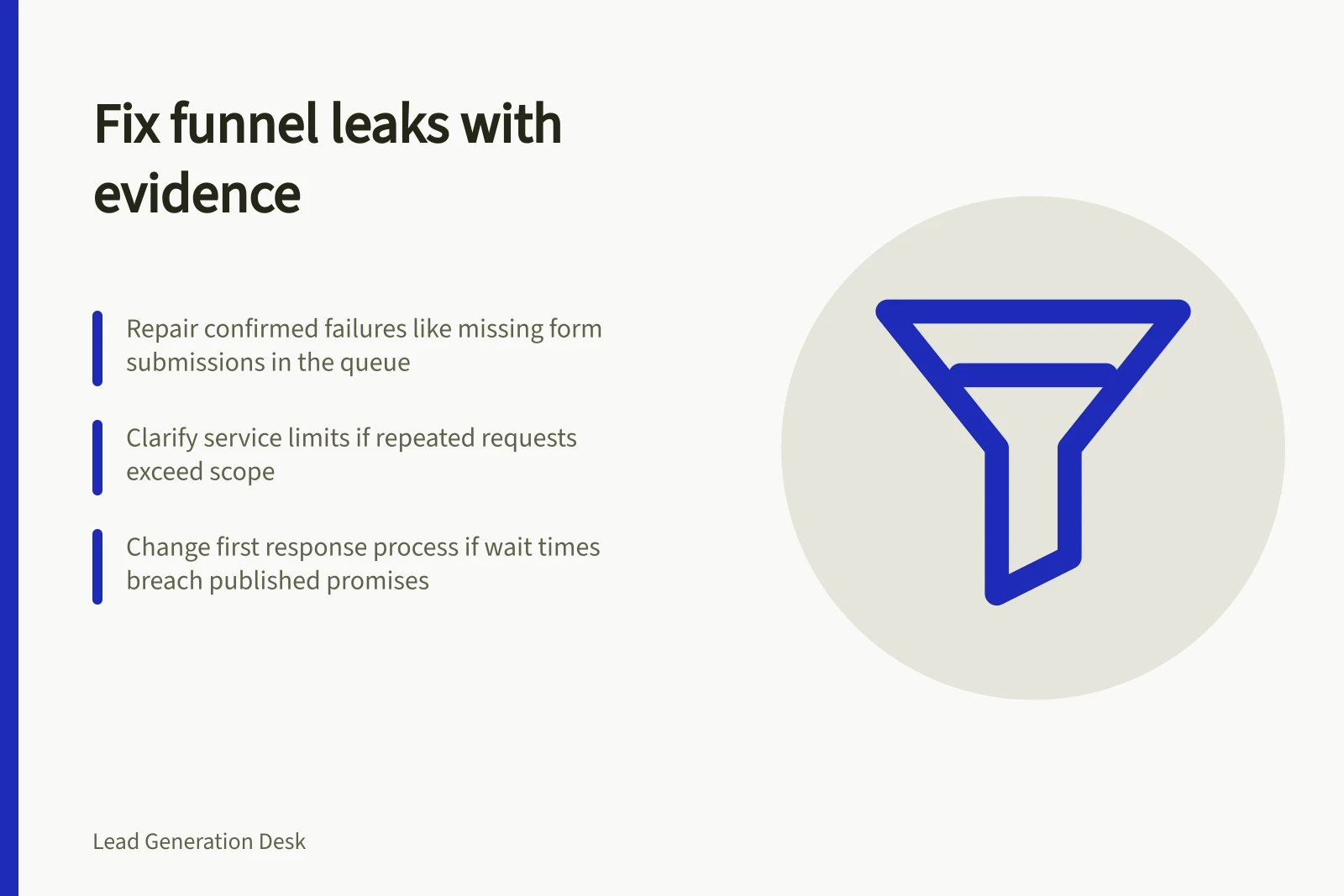 Fix funnel leaks with evidence: Repair confirmed failures like missing form submissions in the queue; Clarify service limits if repeated requests exceed scope; Change first response process if wait times breach published promises