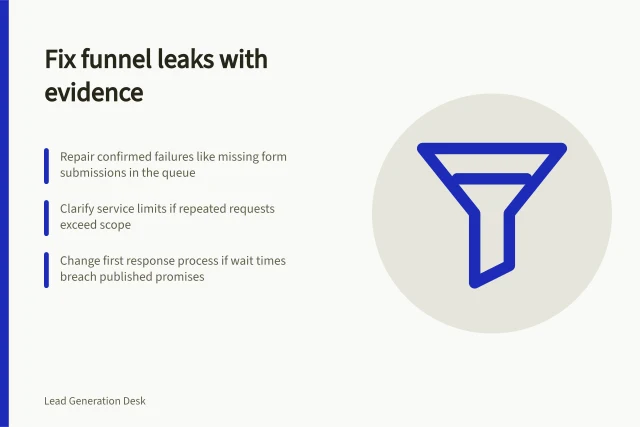 Fix funnel leaks with evidence: Repair confirmed failures like missing form submissions in the queue; Clarify service limits if repeated requests exceed scope; Change first response process if wait times breach published promises. Choosing the next lead funnel fix from evidence