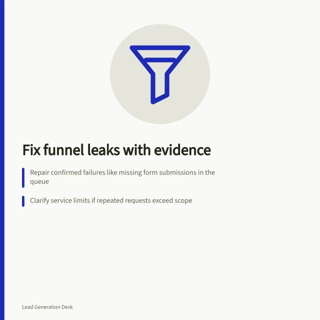 Fix funnel leaks with evidence: Repair confirmed failures like missing form submissions in the queue; Clarify service limits if repeated requests exceed scope; Change first response process if wait times breach published promises. Choosing the next lead funnel fix from evidence
