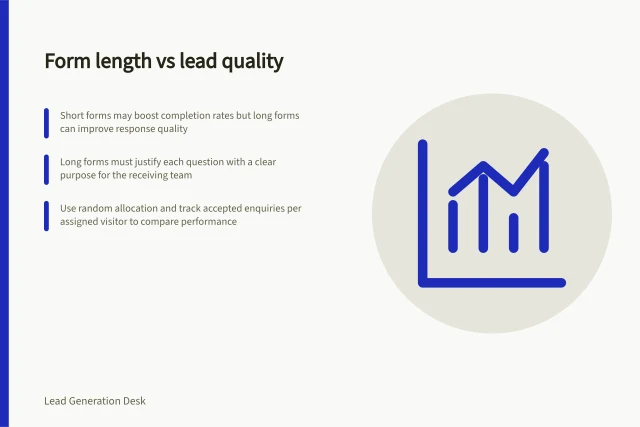 Form length vs lead quality: Short forms may boost completion rates but long forms can improve response quality; Long forms must justify each question with a clear purpose for the receiving team; Use random allocation and track accepted enquiries per assigned visitor to compare performance. Comparing form length with lead quality