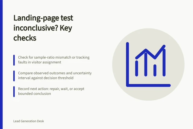 Landing-page test inconclusive? Key checks: Check for sample-ratio mismatch or tracking faults in visitor assignment; Compare observed outcomes and uncertainty interval against decision threshold; Record next action: repair, wait, or accept bounded conclusion. Deciding when a landing-page result is inconclusive