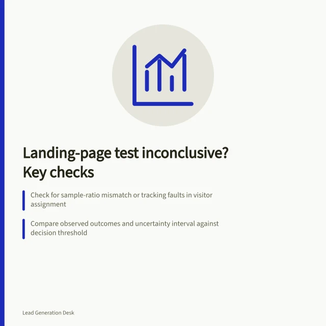 Landing-page test inconclusive? Key checks: Check for sample-ratio mismatch or tracking faults in visitor assignment; Compare observed outcomes and uncertainty interval against decision threshold; Record next action: repair, wait, or accept bounded conclusion. Deciding when a landing-page result is inconclusive