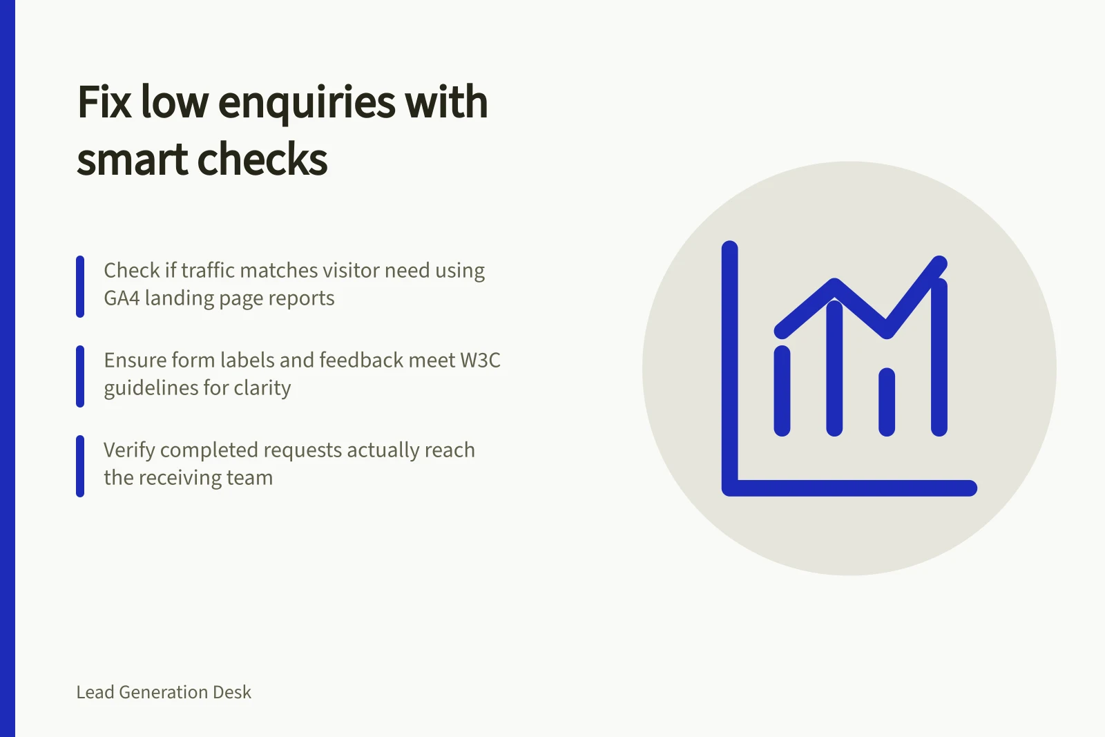 Fix low enquiries with smart checks: Check if traffic matches visitor need using GA4 landing page reports; Ensure form labels and feedback meet W3C guidelines for clarity; Verify completed requests actually reach the receiving team
