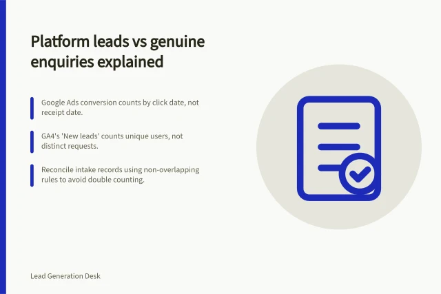 Platform leads vs genuine enquiries explained: Google Ads conversion counts by click date, not receipt date.; GA4's 'New leads' counts unique users, not distinct requests.; Reconcile intake records using non-overlapping rules to avoid double counting. Explaining a gap between platform leads and genuine enquiries