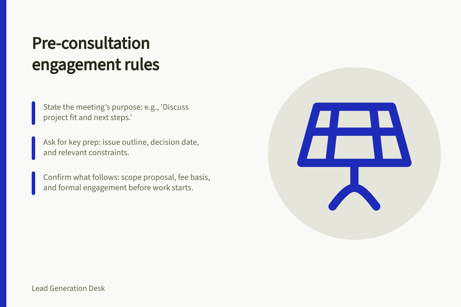 Pre-consultation engagement rules: State the meeting’s purpose: e.g., 'Discuss project fit and next steps.'; Ask for key prep: issue outline, decision date, and relevant constraints.; Confirm what follows: scope proposal, fee basis, and formal engagement before work starts.