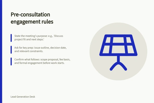 Pre-consultation engagement rules: State the meeting’s purpose: e.g., 'Discuss project fit and next steps.'; Ask for key prep: issue outline, decision date, and relevant constraints.; Confirm what follows: scope proposal, fee basis, and formal engagement before work starts. Explaining engagement requirements before a consultation
