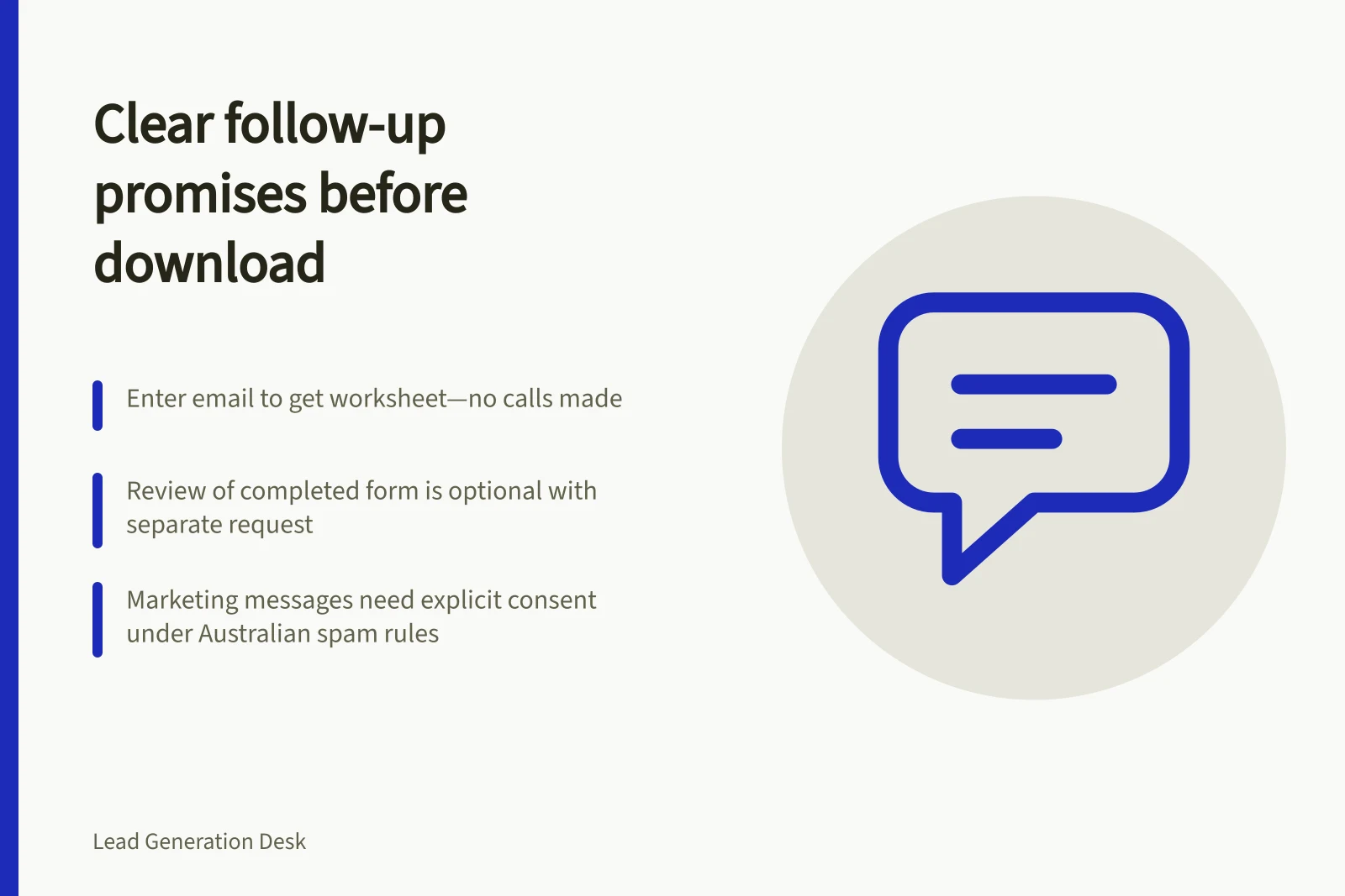 Clear follow-up promises before download: Enter email to get worksheet—no calls made; Review of completed form is optional with separate request; Marketing messages need explicit consent under Australian spam rules
