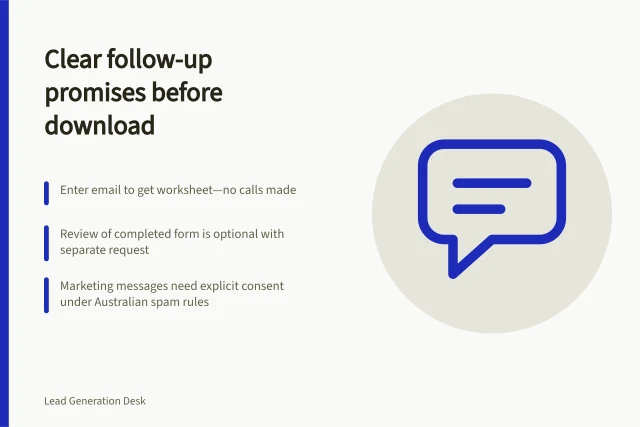 Clear follow-up promises before download: Enter email to get worksheet—no calls made; Review of completed form is optional with separate request; Marketing messages need explicit consent under Australian spam rules. Explaining follow-up expectations before a download