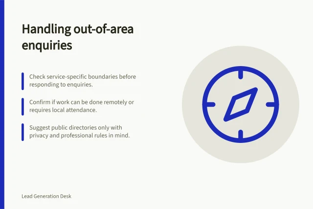 Handling out-of-area enquiries: Check service-specific boundaries before responding to enquiries.; Confirm if work can be done remotely or requires local attendance.; Suggest public directories only with privacy and professional rules in mind. Handling enquiries outside the service area