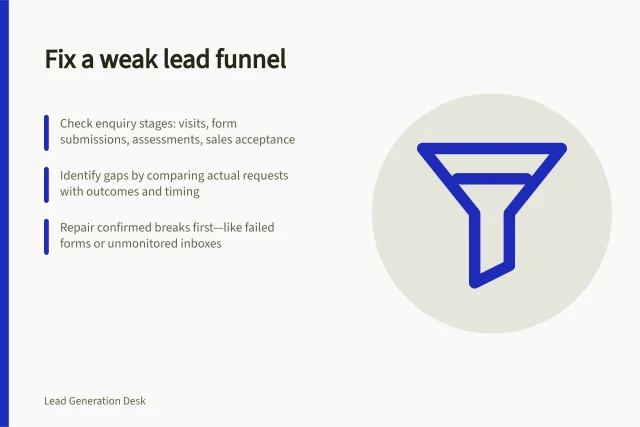 Fix a weak lead funnel: Check enquiry stages: visits, form submissions, assessments, sales acceptance; Identify gaps by comparing actual requests with outcomes and timing; Repair confirmed breaks first—like failed forms or unmonitored inboxes. Improving an underperforming lead funnel