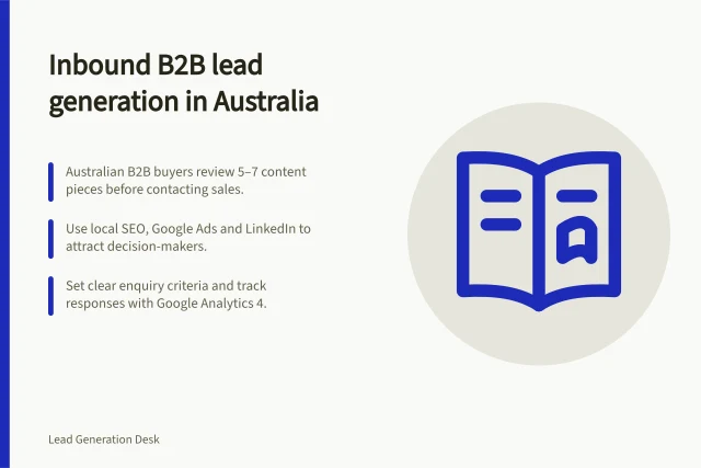 Inbound B2B lead generation in Australia: Australian B2B buyers review 5–7 content pieces before contacting sales.; Use local SEO, Google Ads and LinkedIn to attract decision-makers.; Set clear enquiry criteria and track responses with Google Analytics 4. Inbound B2B lead generation