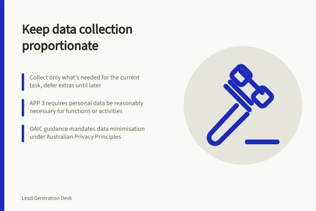 Keep data collection proportionate: Collect only what’s needed for the current task, defer extras until later; APP 3 requires personal data be reasonably necessary for functions or activities; OAIC guidance mandates data minimisation under Australian Privacy Principles. Keeping personal data collection proportionate