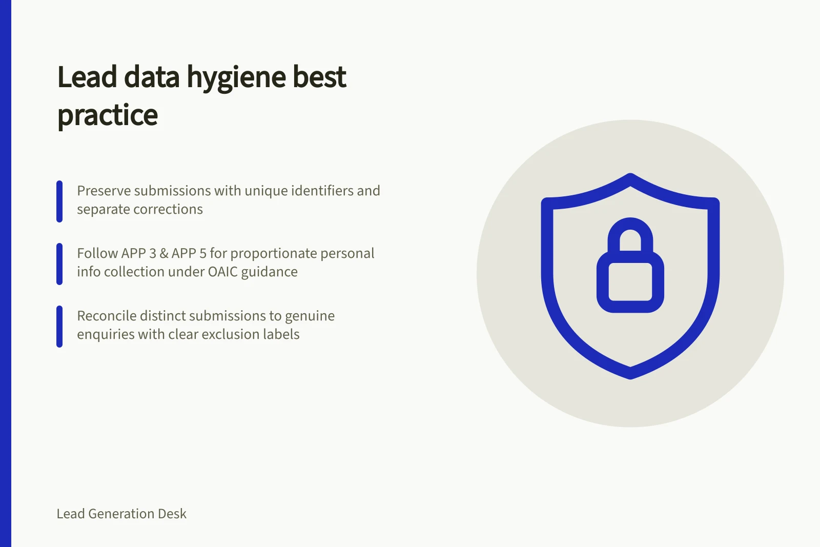 Lead data hygiene best practice: Preserve submissions with unique identifiers and separate corrections; Follow APP 3 & APP 5 for proportionate personal info collection under OAIC guidance; Reconcile distinct submissions to genuine enquiries with clear exclusion labels