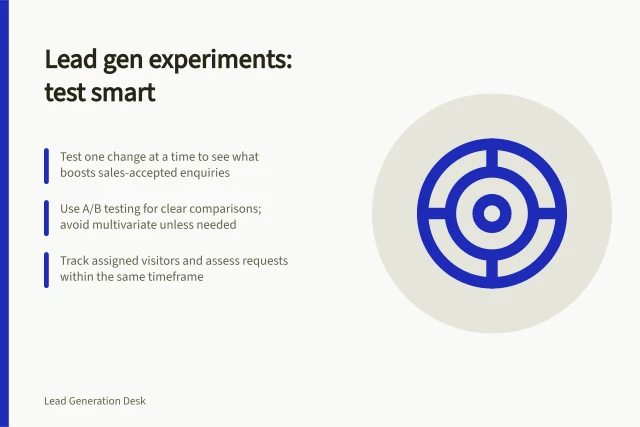 Lead gen experiments: test smart: Test one change at a time to see what boosts sales-accepted enquiries; Use A/B testing for clear comparisons; avoid multivariate unless needed; Track assigned visitors and assess requests within the same timeframe. Lead generation experiments