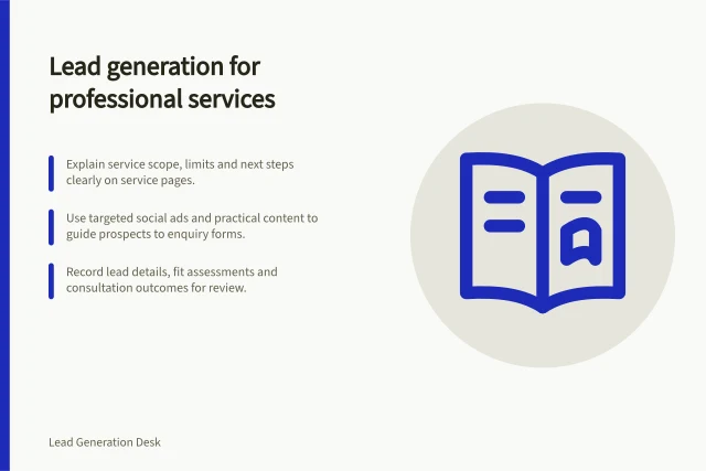 Lead generation for professional services: Explain service scope, limits and next steps clearly on service pages.; Use targeted social ads and practical content to guide prospects to enquiry forms.; Record lead details, fit assessments and consultation outcomes for review. Lead generation for professional services