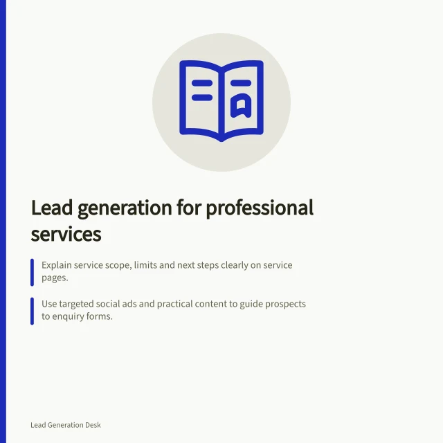 Lead generation for professional services: Explain service scope, limits and next steps clearly on service pages.; Use targeted social ads and practical content to guide prospects to enquiry forms.; Record lead details, fit assessments and consultation outcomes for review. Lead generation for professional services