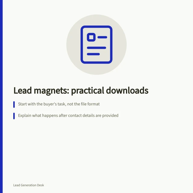 Lead magnets: practical downloads: Start with the buyer's task, not the file format; Explain what happens after contact details are provided; Follow APP 3 and APP 5 for privacy when collecting info. Lead magnets and useful downloads