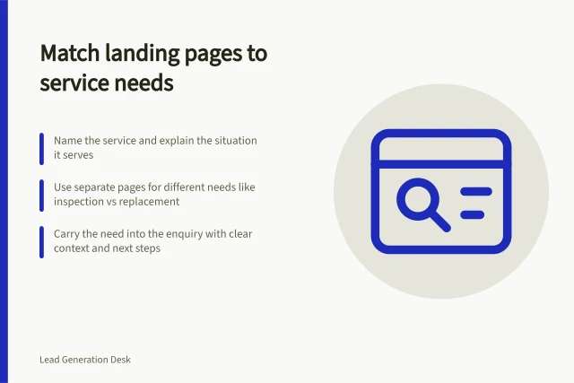 Match landing pages to service needs: Name the service and explain the situation it serves; Use separate pages for different needs like inspection vs replacement; Carry the need into the enquiry with clear context and next steps. Matching a landing page to a specific service need