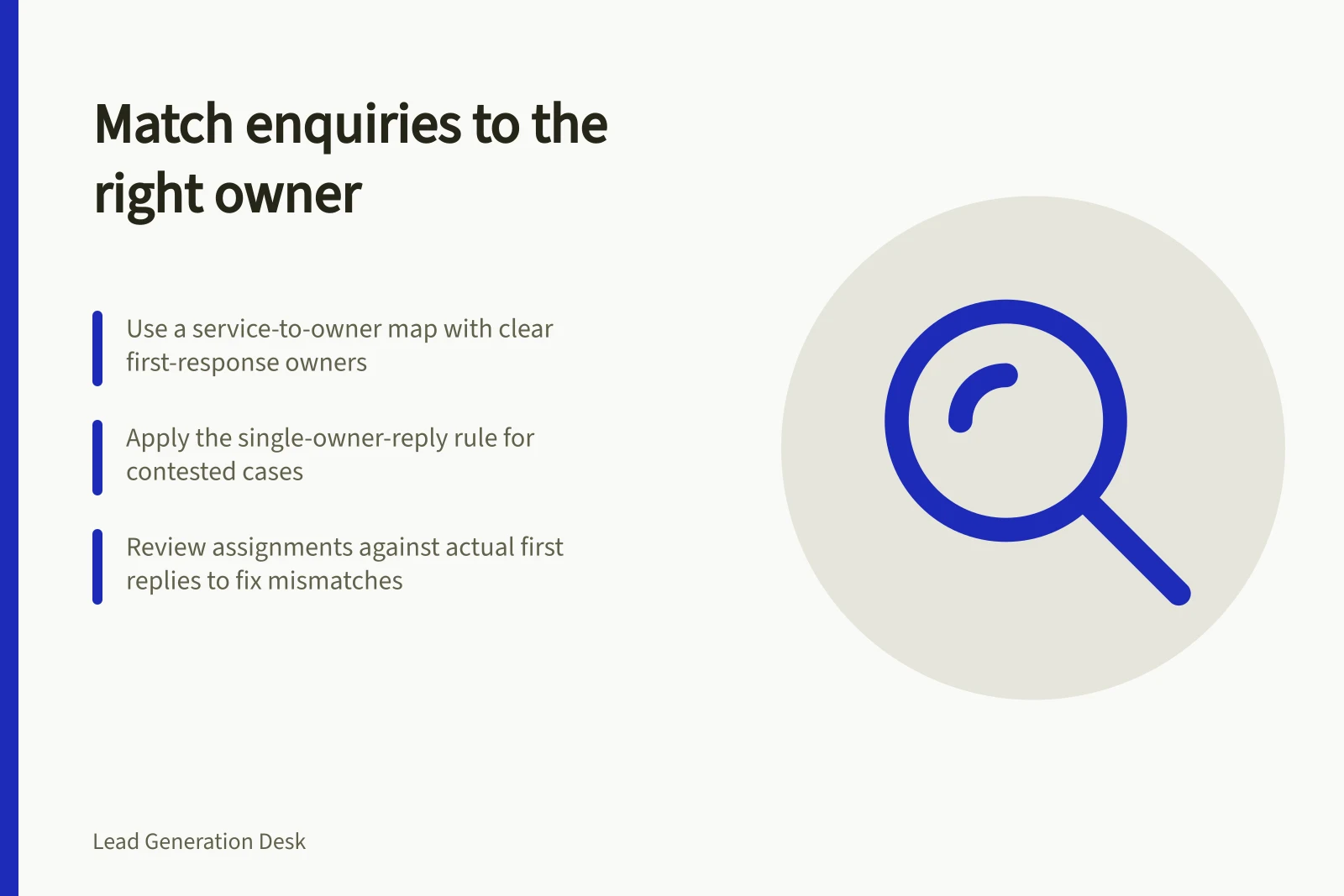Match enquiries to the right owner: Use a service-to-owner map with clear first-response owners; Apply the single-owner-reply rule for contested cases; Review assignments against actual first replies to fix mismatches