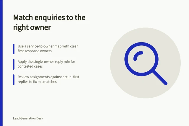Match enquiries to the right owner: Use a service-to-owner map with clear first-response owners; Apply the single-owner-reply rule for contested cases; Review assignments against actual first replies to fix mismatches. Matching enquiries to the right product or service owner