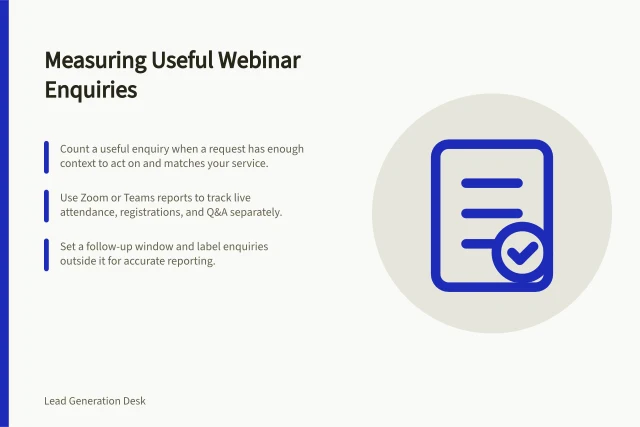 Measuring Useful Webinar Enquiries: Count a useful enquiry when a request has enough context to act on and matches your service.; Use Zoom or Teams reports to track live attendance, registrations, and Q&A separately.; Set a follow-up window and label enquiries outside it for accurate reporting. Measuring useful enquiries after a webinar