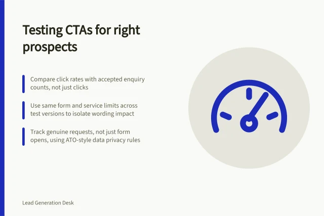 Testing CTAs for right prospects: Compare click rates with accepted enquiry counts, not just clicks; Use same form and service limits across test versions to isolate wording impact; Track genuine requests, not just form opens, using ATO-style data privacy rules. Measuring whether a new call to action attracts the right prospects