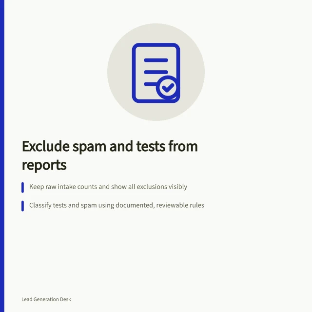 Exclude spam and tests from reports: Keep raw intake counts and show all exclusions visibly; Classify tests and spam using documented, reviewable rules; Retain records with documented reasons for exclusion. Removing test and spam submissions from reporting