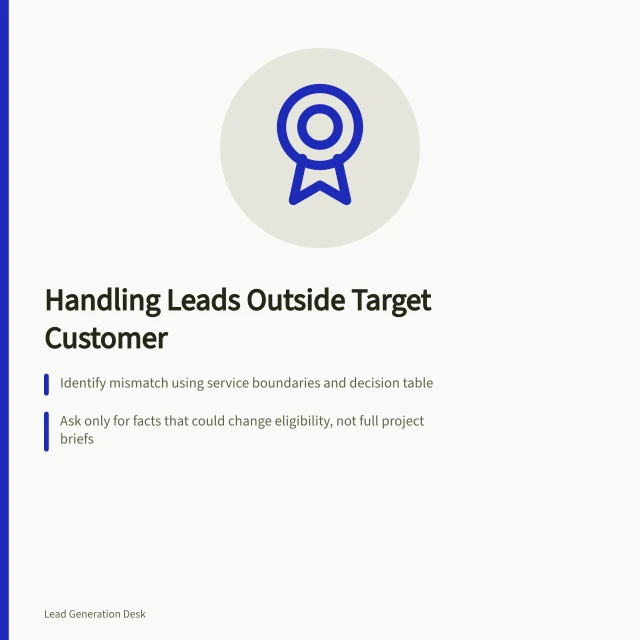 Handling Leads Outside Target Customer: Identify mismatch using service boundaries and decision table; Ask only for facts that could change eligibility, not full project briefs; Record mismatches with source page to improve future service promises. Reviewing leads that do not match the target customer