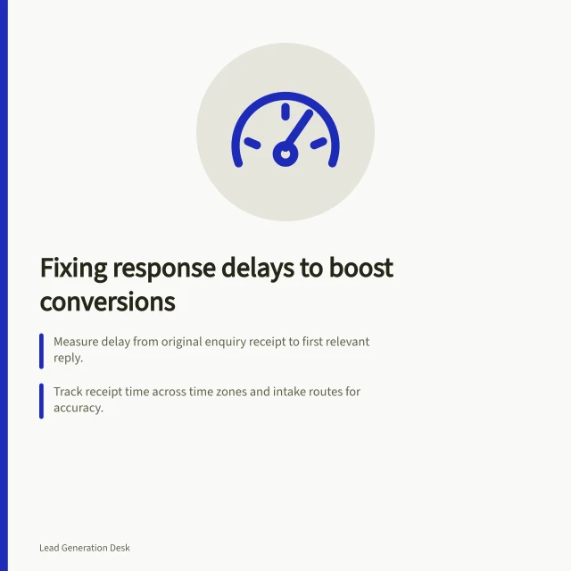 Fixing response delays to boost conversions: Measure delay from original enquiry receipt to first relevant reply.; Track receipt time across time zones and intake routes for accuracy.; Compare delayed vs. prompt replies with similar service needs and outcomes. Reviewing response delays as a conversion problem