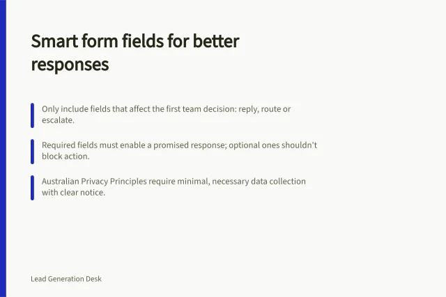 Smart form fields for better responses: Only include fields that affect the first team decision: reply, route or escalate.; Required fields must enable a promised response; optional ones shouldn't block action.; Australian Privacy Principles require minimal, necessary data collection with clear notice. Selecting form fields that help qualification