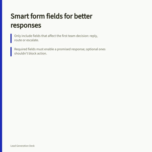 Smart form fields for better responses: Only include fields that affect the first team decision: reply, route or escalate.; Required fields must enable a promised response; optional ones shouldn't block action.; Australian Privacy Principles require minimal, necessary data collection with clear notice. Selecting form fields that help qualification