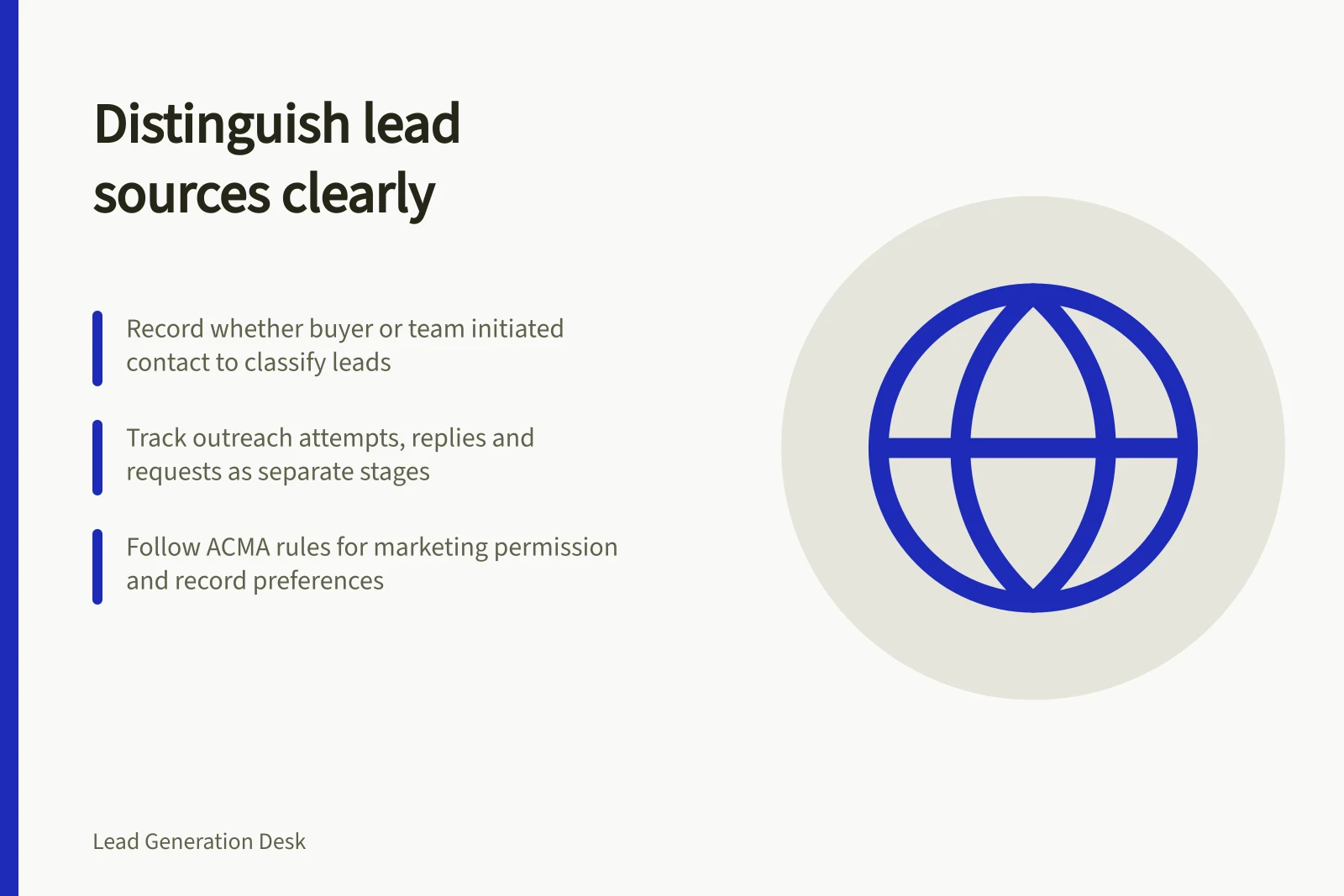 Distinguish lead sources clearly: Record whether buyer or team initiated contact to classify leads; Track outreach attempts, replies and requests as separate stages; Follow ACMA rules for marketing permission and record preferences