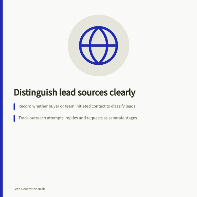 Distinguish lead sources clearly: Record whether buyer or team initiated contact to classify leads; Track outreach attempts, replies and requests as separate stages; Follow ACMA rules for marketing permission and record preferences. Separating lead generation from outbound prospecting