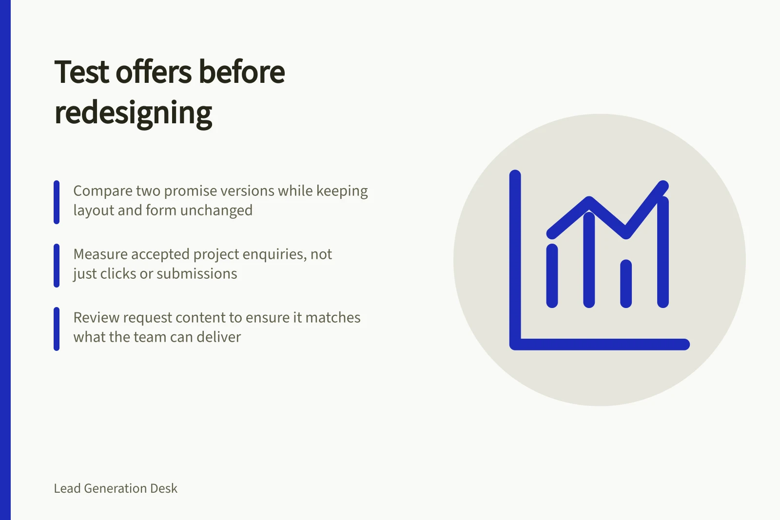 Test offers before redesigning: Compare two promise versions while keeping layout and form unchanged; Measure accepted project enquiries, not just clicks or submissions; Review request content to ensure it matches what the team can deliver