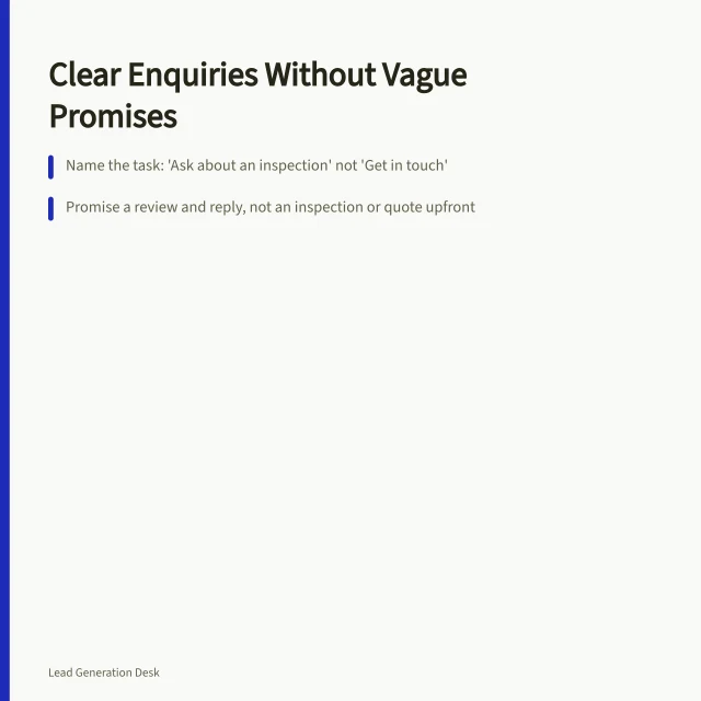 Clear Enquiries Without Vague Promises: Name the task: 'Ask about an inspection' not 'Get in touch'; Promise a review and reply, not an inspection or quote upfront; Follow APP 3: collect only necessary personal info under Australian Privacy Principles. Writing an enquiry page without vague business promises